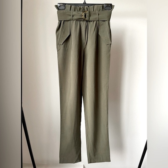 Dynamite Khaki Green High-Waisted Paperbag Pants with Removable Belt. Size XXS. - Picture 2 of 5